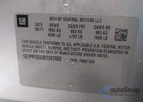 2011 Chevrolet Cruze 1Lt из США, поврежденный, VIN 1G1PF5S90B7307662